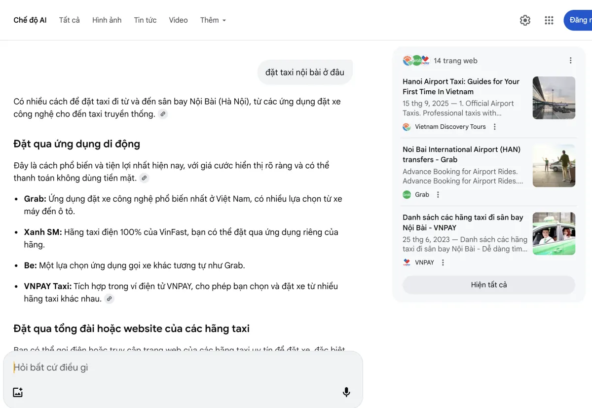 Google AI Mode nhắc đến VNPAY Taxi
