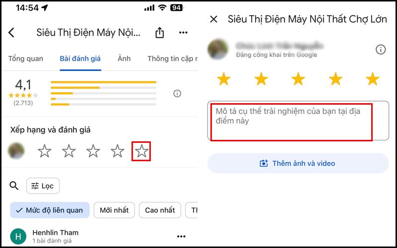 đánh giá sao trên google map