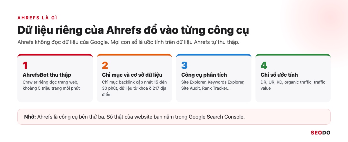 Ahrefs Là Gì? Hướng Dẫn Sử Dụng Ahrefs Từ Miễn Phí Đến Trả Phí (Cập Nhật 2026) 56 Sơ đồ Ahrefs gồm crawler, chỉ mục backlink, cơ sở dữ liệu từ khoá và các công cụ phân tích