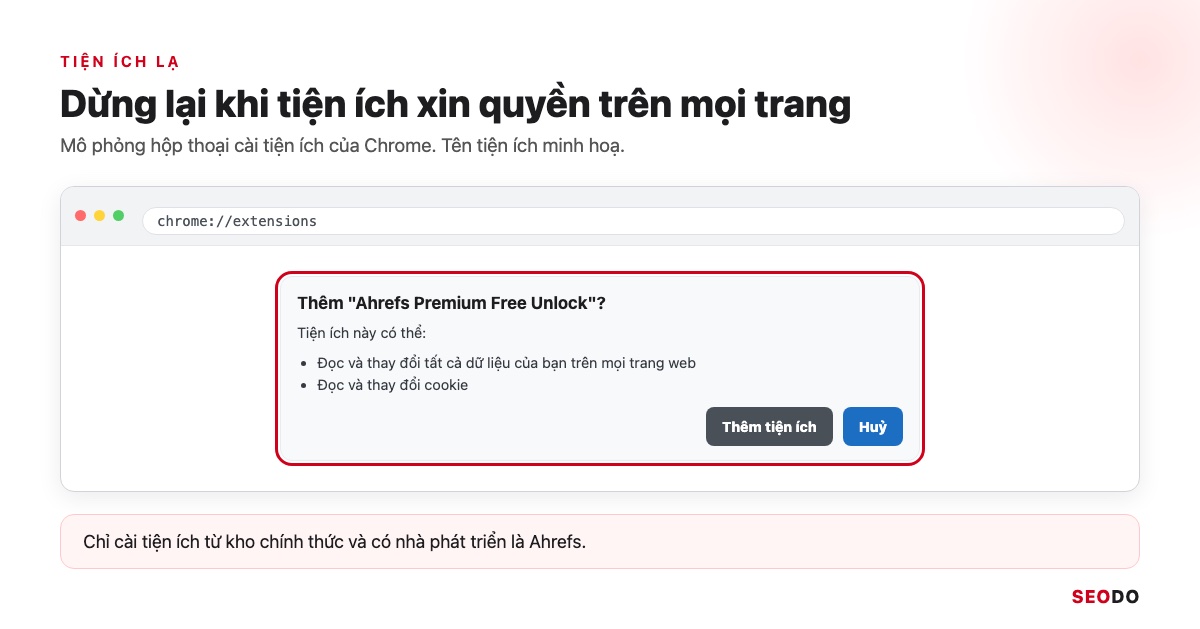 Ahrefs Là Gì? Hướng Dẫn Sử Dụng Ahrefs Từ Miễn Phí Đến Trả Phí (Cập Nhật 2026) 104 Mô phỏng cảnh báo quyền đọc và thay đổi mọi dữ liệu của một tiện ích lạ