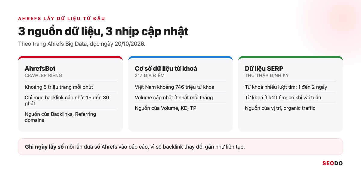 Ahrefs Là Gì? Hướng Dẫn Sử Dụng Ahrefs Từ Miễn Phí Đến Trả Phí (Cập Nhật 2026) 57 Ba nguồn dữ liệu của Ahrefs: AhrefsBot, cơ sở dữ liệu từ khoá và dữ liệu SERP