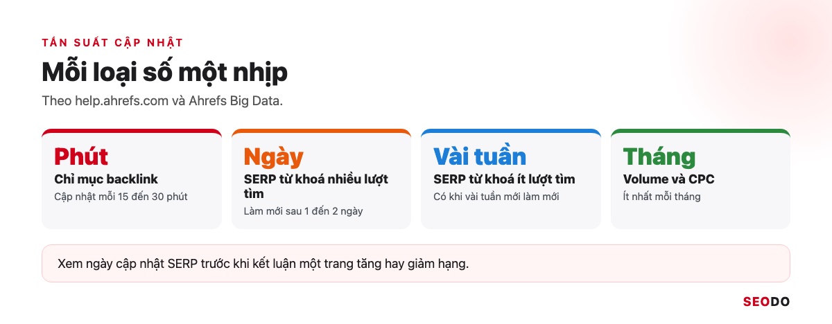 Ahrefs Là Gì? Hướng Dẫn Sử Dụng Ahrefs Từ Miễn Phí Đến Trả Phí (Cập Nhật 2026) 101 Dòng thời gian tần suất cập nhật 4 loại dữ liệu trong Ahrefs