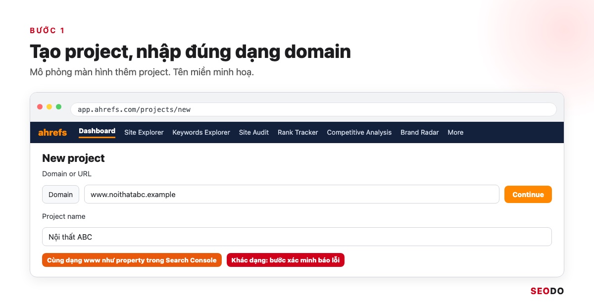 Ahrefs Là Gì? Hướng Dẫn Sử Dụng Ahrefs Từ Miễn Phí Đến Trả Phí (Cập Nhật 2026) 86 Mô phỏng màn hình tạo project Ahrefs, khoanh ô nhập domain
