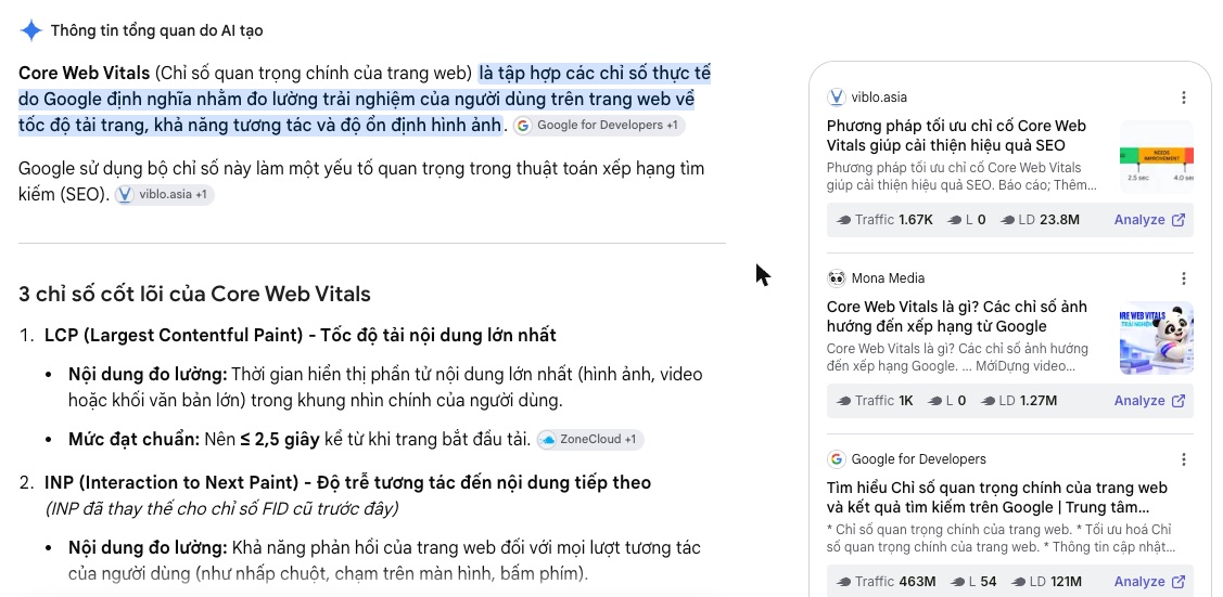 SEO Onpage Là Gì? 20 Việc Cần Làm Theo Thứ Tự Ưu Tiên (Cập Nhật 2026) 106 AI Overview cho từ khoá core web vitals là gì trích các đoạn có định nghĩa và ngưỡng cụ thể từ Google for Developers, Viblo, ZoneCloud