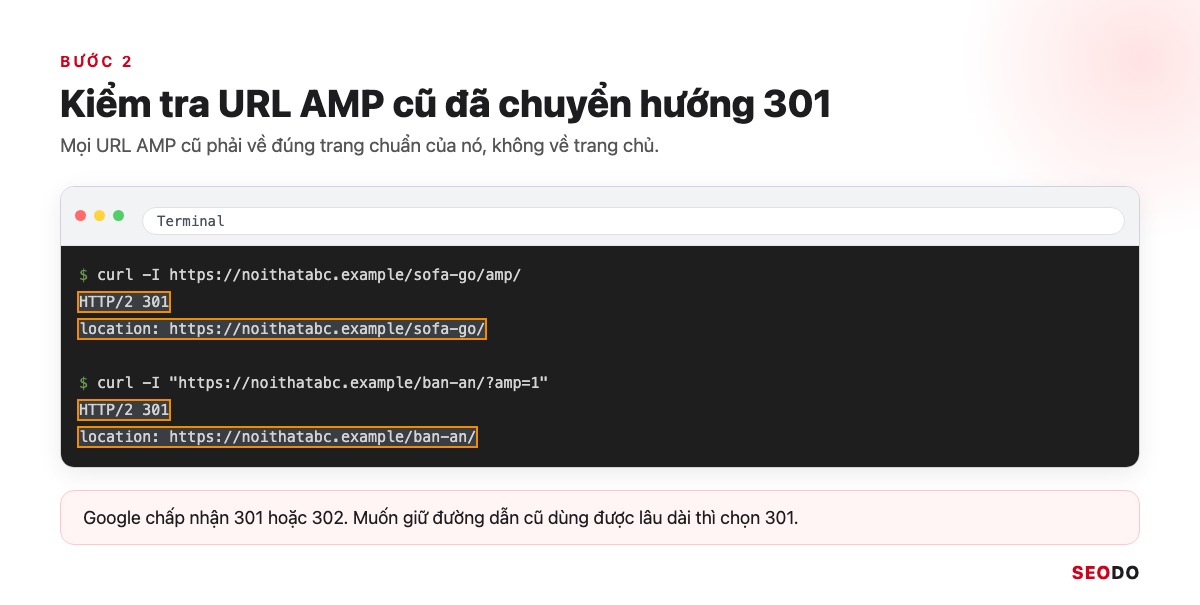 AMP Là Gì? Google AMP Còn Cần Cho SEO Không Và Khi Nào Nên Gỡ (Cập Nhật 2026) 51 Cửa sổ Terminal chạy lệnh curl -I cho URL AMP cũ, trả HTTP 301 về trang chuẩn
