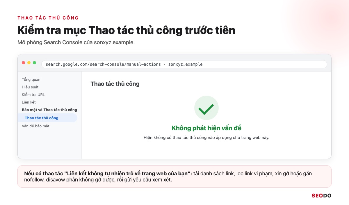 Anchor Text Là Gì? Cách Phân Loại, Phân Bổ Và Tối Ưu Anchor An Toàn (Cập Nhật 2026) 91 Mô phỏng mục Thao tác thủ công trong Search Console hiển thị Không phát hiện vấn đề