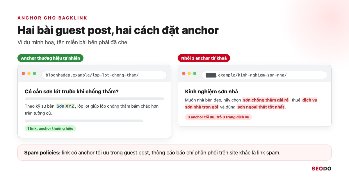 Anchor Text Là Gì? Cách Phân Loại, Phân Bổ Và Tối Ưu Anchor An Toàn (Cập Nhật 2026) 81 Hai bài guest post, một bài có anchor thương hiệu tự nhiên, một bài nhồi 3 anchor từ khoá trỏ về 3 trang dịch vụ