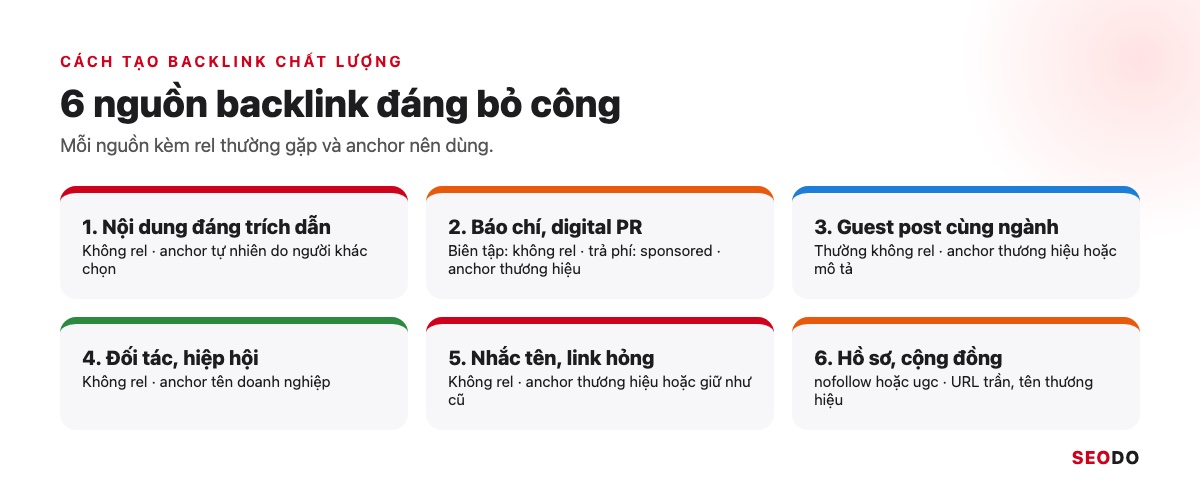 Sáu nguồn backlink đáng đầu tư kèm rel thường gặp và anchor nên dùng