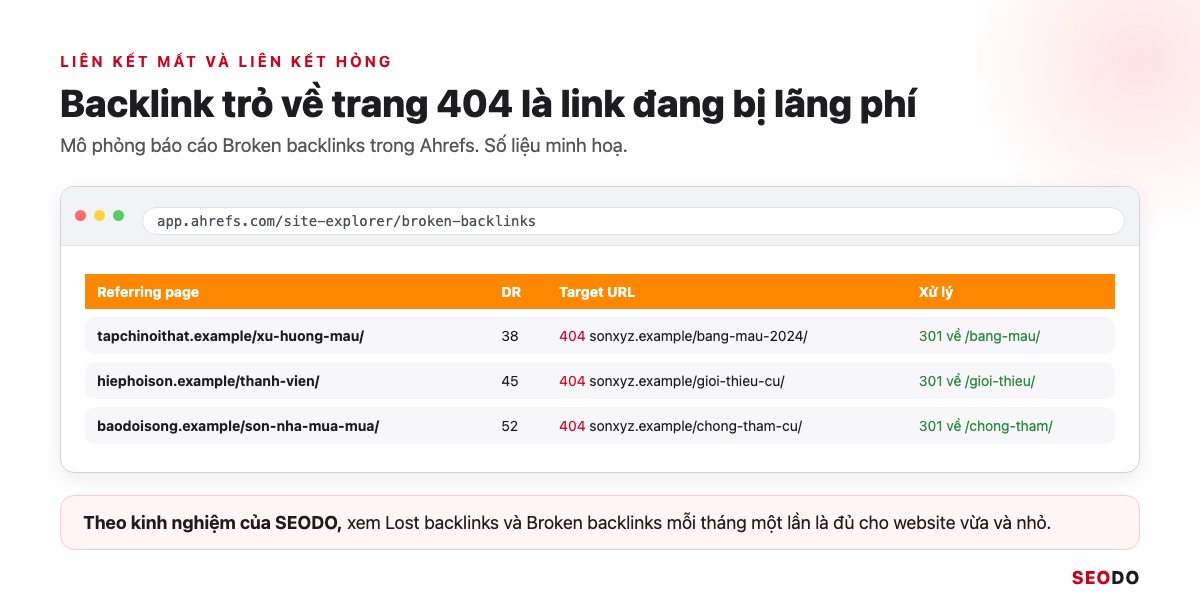 Mô phỏng báo cáo Broken backlinks trong Ahrefs với các trang đích trả 404 và cách xử lý redirect 301
