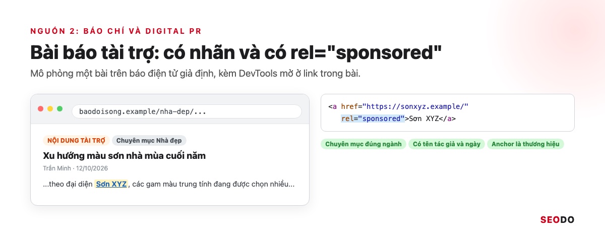 Mô phỏng bài báo có nhãn nội dung tài trợ và DevTools hiện link gắn rel sponsored