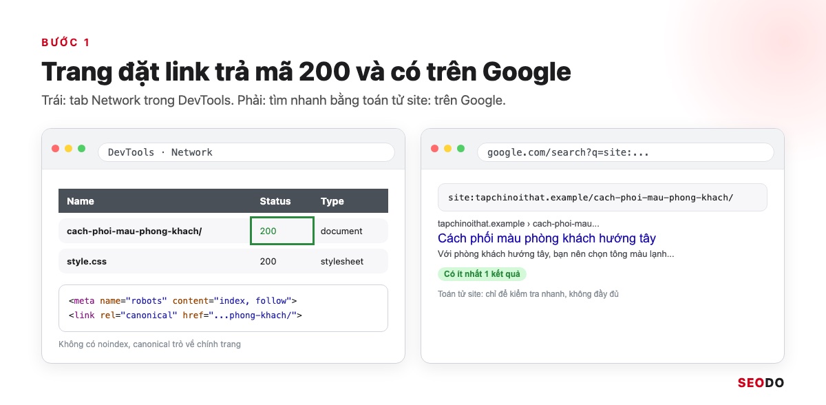 Mô phỏng tab Network trong DevTools hiện mã 200 và kết quả tìm kiếm site: trả về 1 kết quả