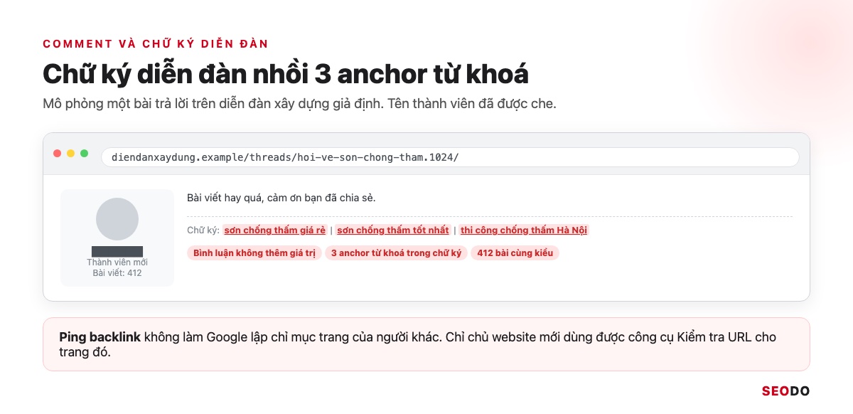 Mô phỏng bài trả lời diễn đàn có chữ ký chứa 3 anchor từ khoá, tên thành viên đã được che