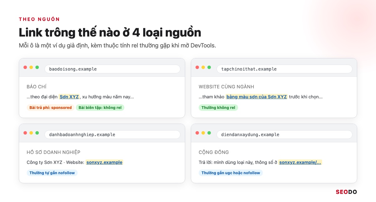 Bốn ví dụ vị trí link ở báo chí, website cùng ngành, hồ sơ doanh nghiệp và diễn đàn kèm rel thường gặp