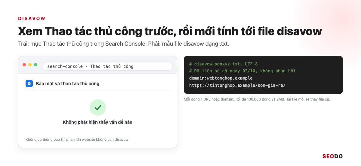 Mô phỏng mục Thao tác thủ công báo không phát hiện vấn đề và mẫu file disavow dạng txt