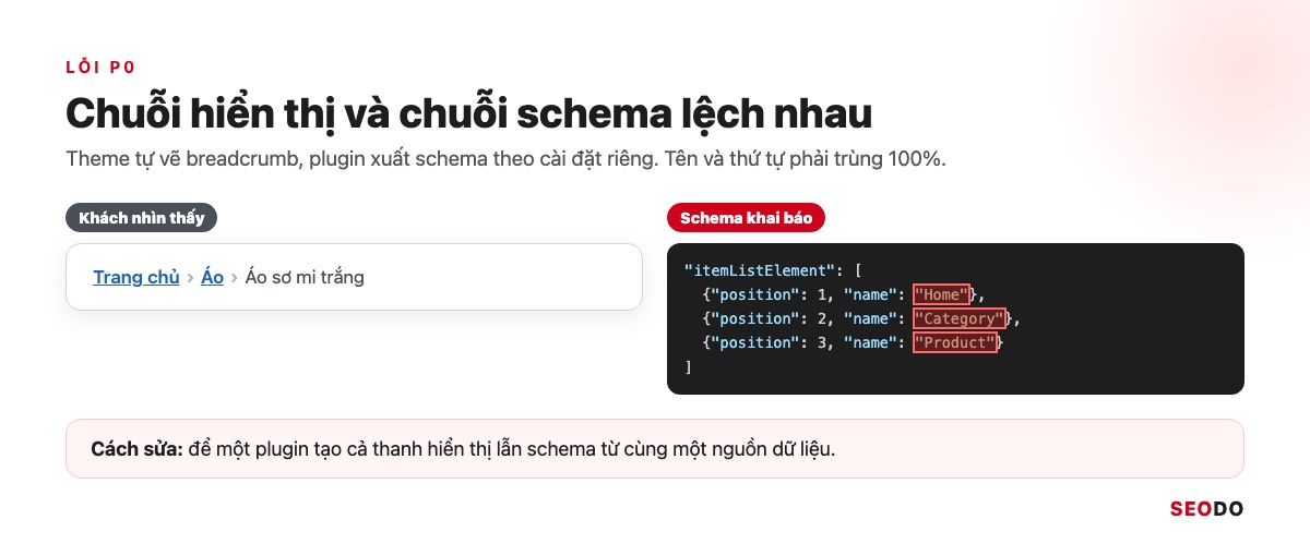 Hai cột so sánh chuỗi breadcrumb hiển thị và chuỗi trong JSON-LD bị lệch nhau, khoanh chỗ lệch