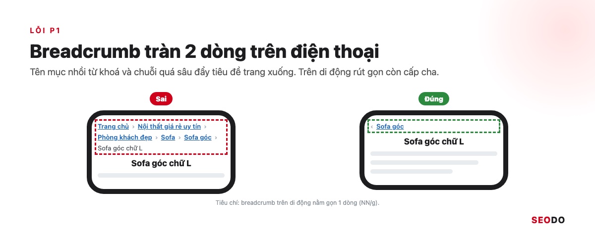 Điện thoại hiển thị breadcrumb nhồi từ khoá tràn hai dòng, bên cạnh bản rút gọn chỉ còn cấp cha