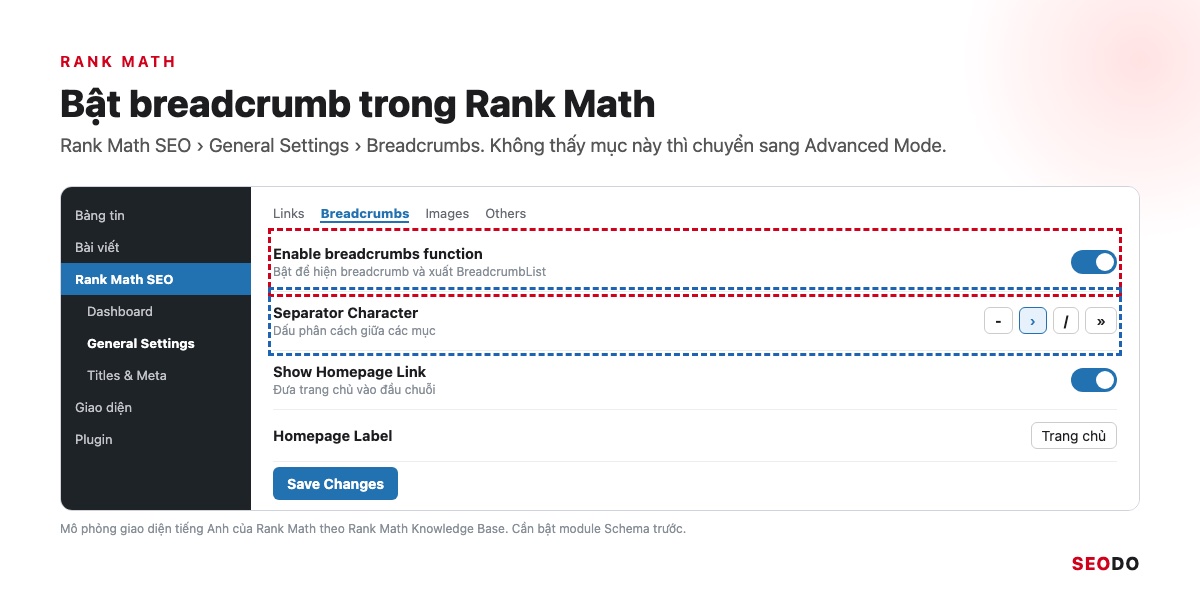 Mô phỏng màn hình Rank Math SEO, General Settings, Breadcrumbs với nút bật và ô dấu phân cách