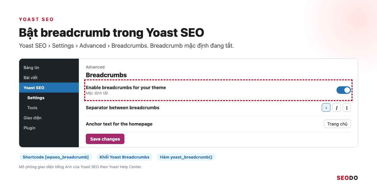 Mô phỏng màn hình Yoast SEO Settings, Advanced, Breadcrumbs với công tắc Enable breadcrumbs for your theme