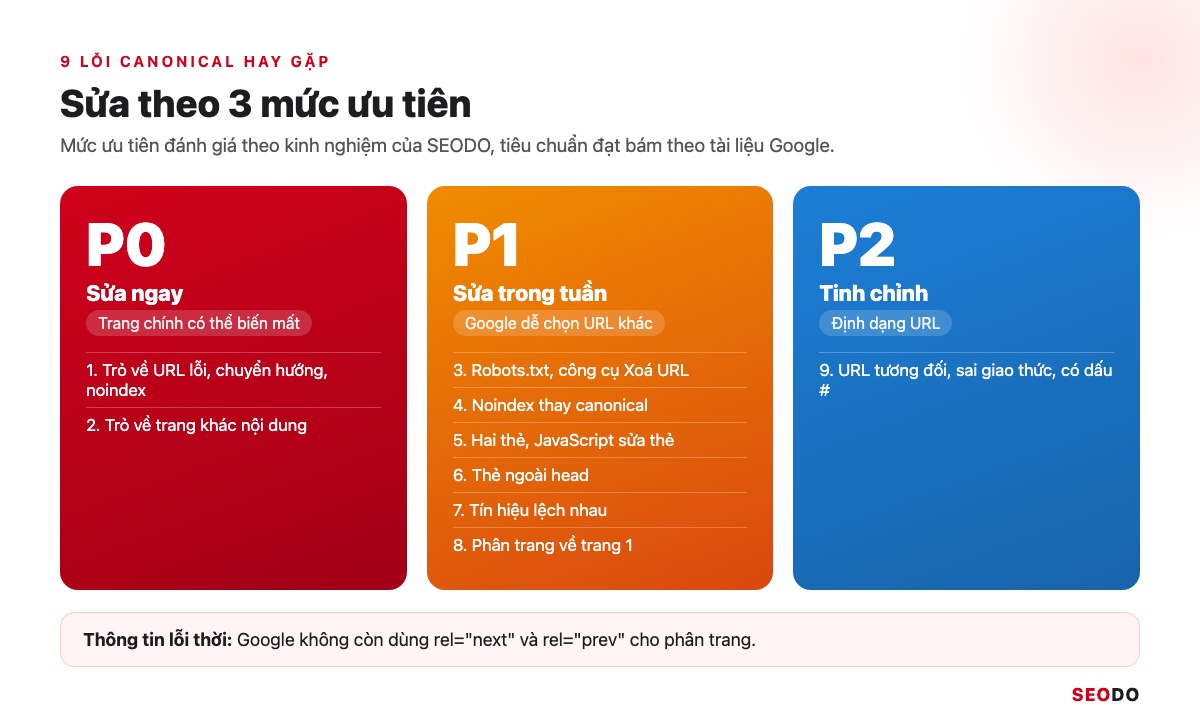 Canonical Là Gì? Hướng Dẫn Dùng Thẻ Canonical Đúng Theo Google (Cập Nhật 2026) 82 Ma trận 3 mức ưu tiên P0, P1, P2 cho 9 lỗi canonical hay gặp