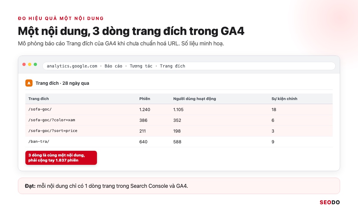 Canonical Là Gì? Hướng Dẫn Dùng Thẻ Canonical Đúng Theo Google (Cập Nhật 2026) 57 Mô phỏng báo cáo Trang đích của GA4 có 3 dòng cùng là trang sofa góc với tham số khác nhau