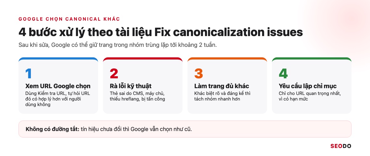 Canonical Là Gì? Hướng Dẫn Dùng Thẻ Canonical Đúng Theo Google (Cập Nhật 2026) 92 Quy trình 4 bước xử lý khi Google chọn canonical khác: xem URL Google chọn, rà lỗi kỹ thuật, làm trang đủ khác, yêu cầu lập chỉ mục