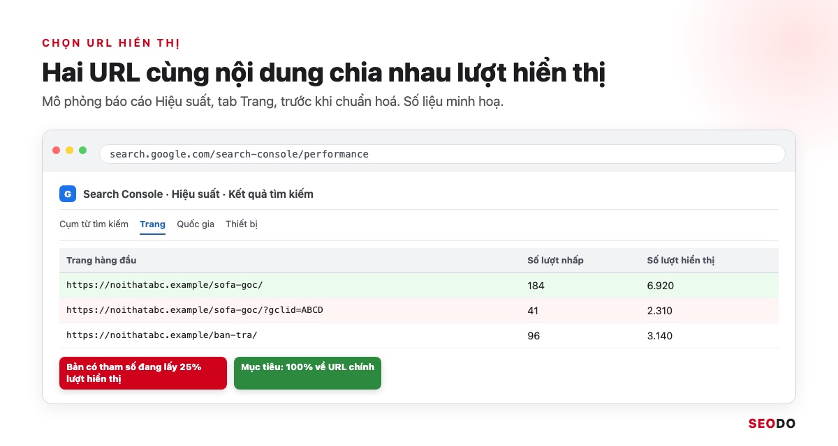 Canonical Là Gì? Hướng Dẫn Dùng Thẻ Canonical Đúng Theo Google (Cập Nhật 2026) 55 Mô phỏng báo cáo Hiệu suất tab Trang, URL sofa góc và bản có tham số gclid cùng nhận lượt hiển thị