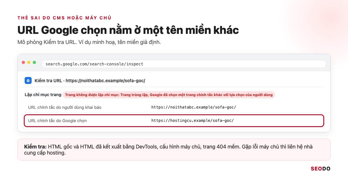 Canonical Là Gì? Hướng Dẫn Dùng Thẻ Canonical Đúng Theo Google (Cập Nhật 2026) 95 Mô phỏng Kiểm tra URL, URL chính tắc do Google chọn thuộc một tên miền khác với URL người dùng khai báo