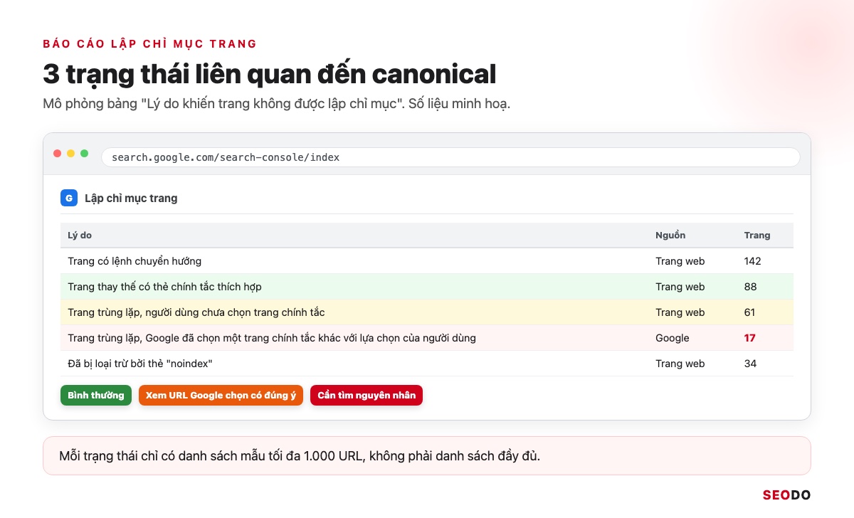 Canonical Là Gì? Hướng Dẫn Dùng Thẻ Canonical Đúng Theo Google (Cập Nhật 2026) 80 Mô phỏng báo cáo Lập chỉ mục trang, bảng lý do có 3 trạng thái trùng lặp và chính tắc được tô màu