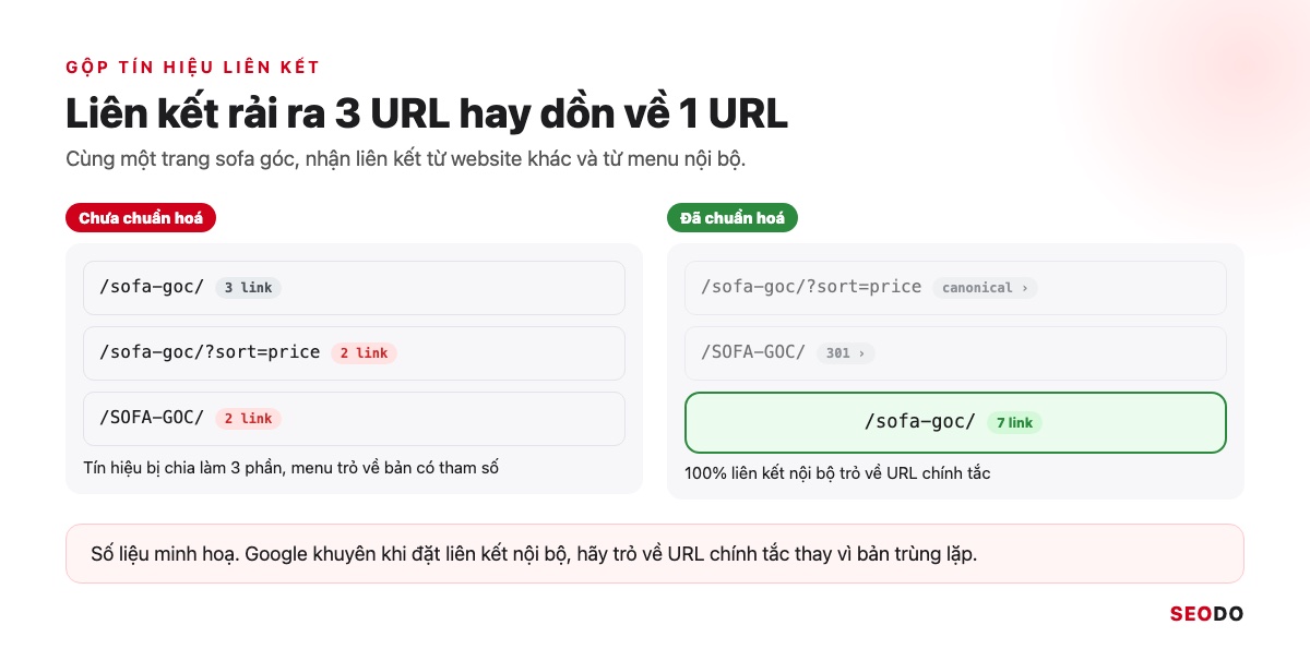 Canonical Là Gì? Hướng Dẫn Dùng Thẻ Canonical Đúng Theo Google (Cập Nhật 2026) 56 Hai sơ đồ so sánh liên kết rải ra 3 URL của trang sofa góc và liên kết dồn về 1 URL chính tắc