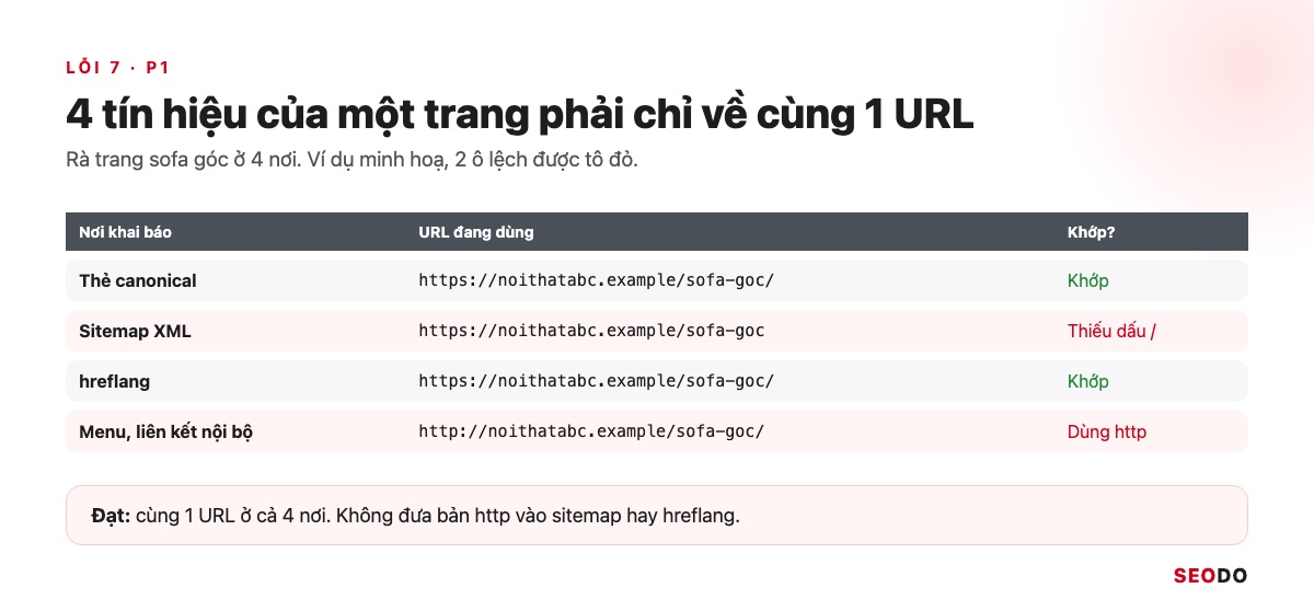 Canonical Là Gì? Hướng Dẫn Dùng Thẻ Canonical Đúng Theo Google (Cập Nhật 2026) 89 Bảng 4 nơi khai báo của trang sofa góc, sitemap thiếu dấu gạch chéo và menu dùng http được tô đỏ