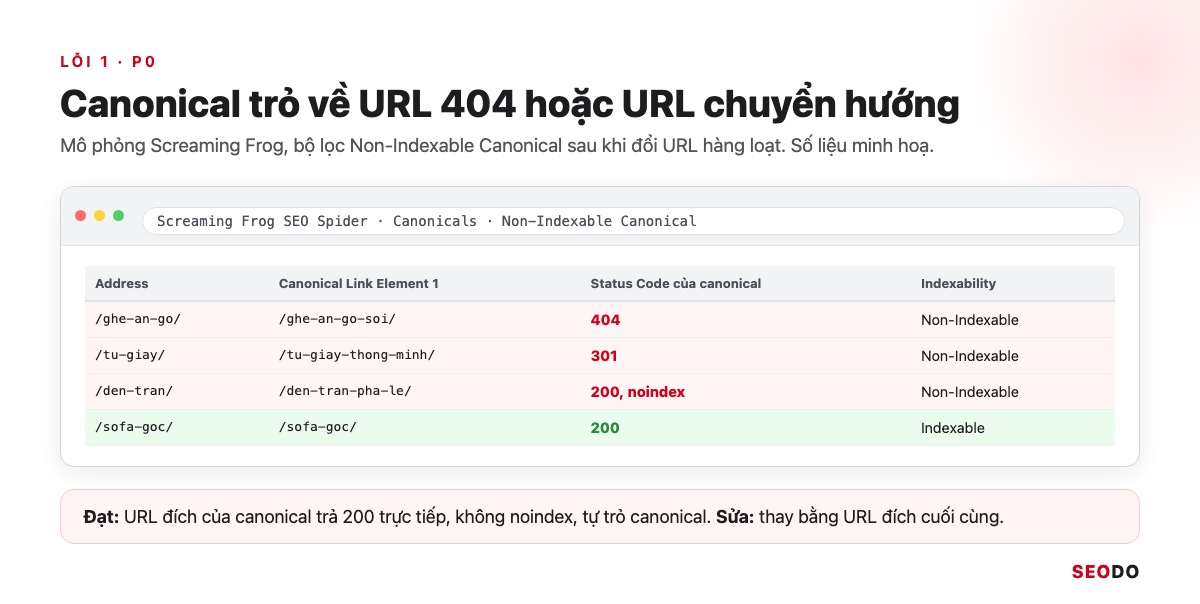 Canonical Là Gì? Hướng Dẫn Dùng Thẻ Canonical Đúng Theo Google (Cập Nhật 2026) 83 Mô phỏng Screaming Frog bộ lọc Non-Indexable Canonical, các trang có canonical trỏ về URL 404, 301 và trang noindex