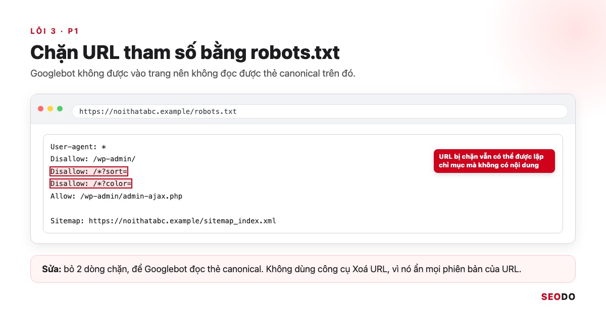 Canonical Là Gì? Hướng Dẫn Dùng Thẻ Canonical Đúng Theo Google (Cập Nhật 2026) 85 Mô phỏng tệp robots.txt có hai dòng Disallow chặn tham số sort và color được khoanh đỏ