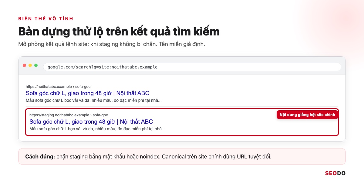 Canonical Là Gì? Hướng Dẫn Dùng Thẻ Canonical Đúng Theo Google (Cập Nhật 2026) 65 Mô phỏng kết quả lệnh site trên Google hiện cả trang chính và bản staging có nội dung giống hệt