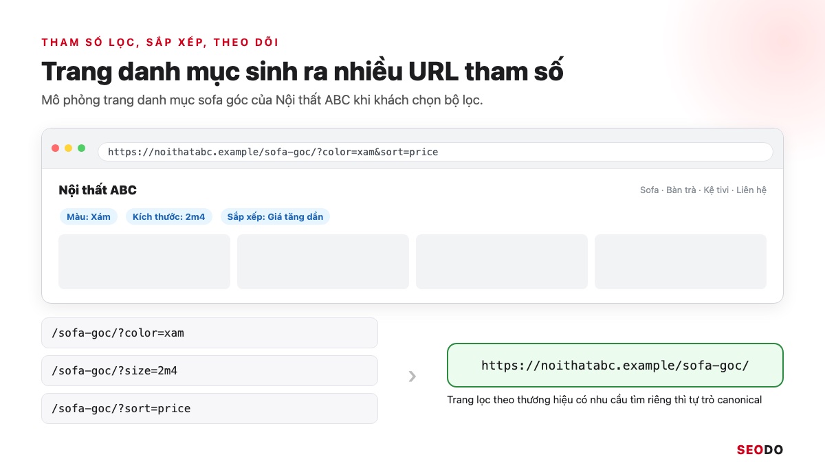 Canonical Là Gì? Hướng Dẫn Dùng Thẻ Canonical Đúng Theo Google (Cập Nhật 2026) 61 Mô phỏng trang danh mục sofa góc của Nội thất ABC với bộ lọc màu, kích thước, sắp xếp và 3 URL tham số trỏ canonical về URL gốc