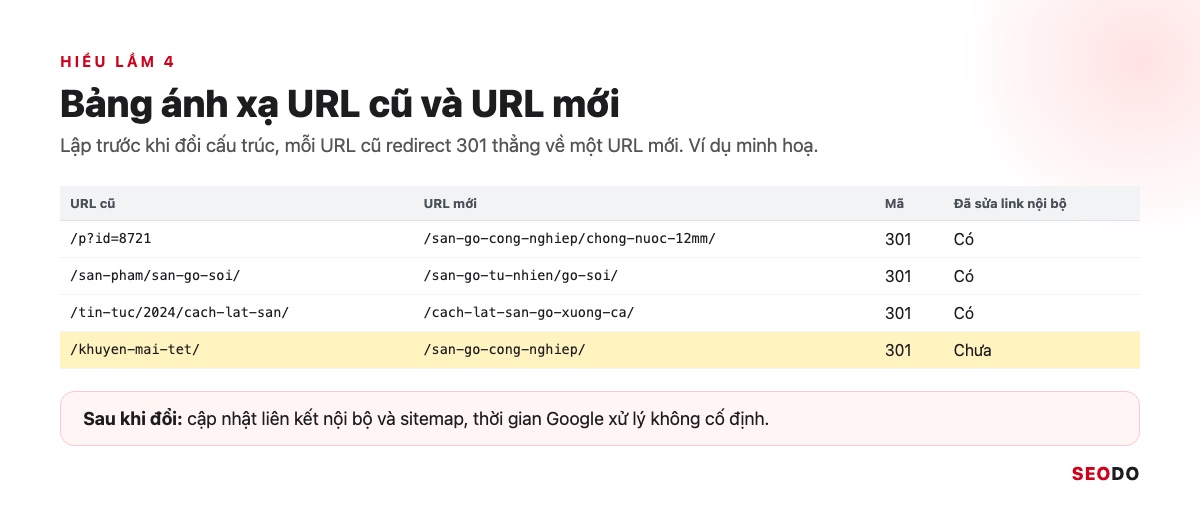 Cấu Trúc Website Là Gì? Cách Thiết Kế Cấu Trúc Chuẩn SEO Từ Đầu (Cập Nhật 2026) 83 Bảng ánh xạ URL cũ sang URL mới kèm mã 301 và trạng thái sửa liên kết nội bộ