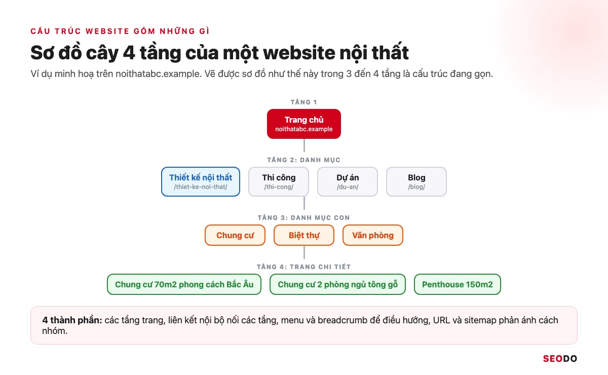 Cấu Trúc Website Là Gì? Cách Thiết Kế Cấu Trúc Chuẩn SEO Từ Đầu (Cập Nhật 2026) 44 Sơ đồ cây 4 tầng của website nội thất noithatabc.example từ trang chủ tới trang chi tiết dự án