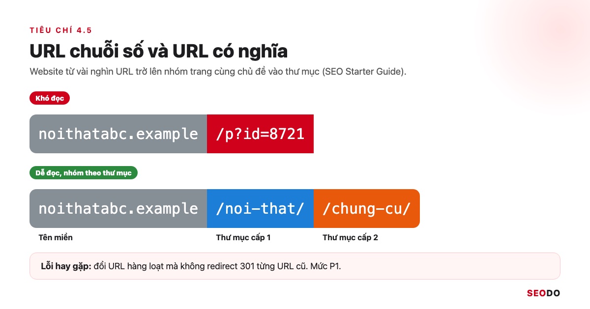 Cấu Trúc Website Là Gì? Cách Thiết Kế Cấu Trúc Chuẩn SEO Từ Đầu (Cập Nhật 2026) 62 So sánh URL chuỗi số p?id=8721 với URL thư mục noi-that chung-cu
