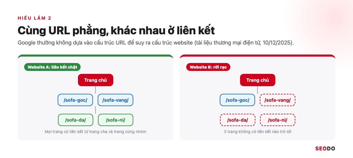 Cấu Trúc Website Là Gì? Cách Thiết Kế Cấu Trúc Chuẩn SEO Từ Đầu (Cập Nhật 2026) 81 Hai website cùng URL phẳng, một website liên kết chặt và một website có 3 trang rời rạc