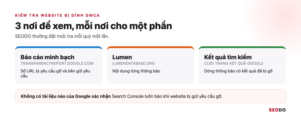 Ba nơi kiểm tra yêu cầu gỡ DMCA: Báo cáo minh bạch, Lumen và trang kết quả Google