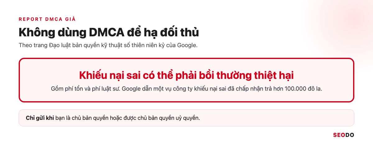 Khung cảnh báo chữ đỏ: khiếu nại sai có thể phải bồi thường thiệt hại, gồm phí tổn và phí luật sư
