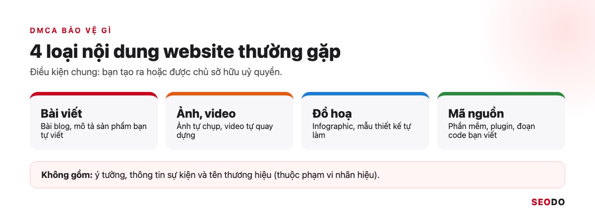Bốn ô nội dung DMCA bảo vệ: bài viết, ảnh và video, đồ hoạ, mã nguồn