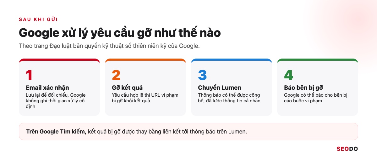 Bốn bước Google xử lý sau khi nhận yêu cầu: email xác nhận, gỡ kết quả, chuyển Lumen, báo bên bị gỡ