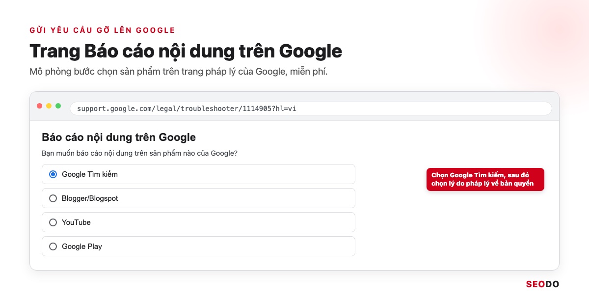 Mô phỏng trang Báo cáo nội dung trên Google với lựa chọn Google Tìm kiếm đang được chọn