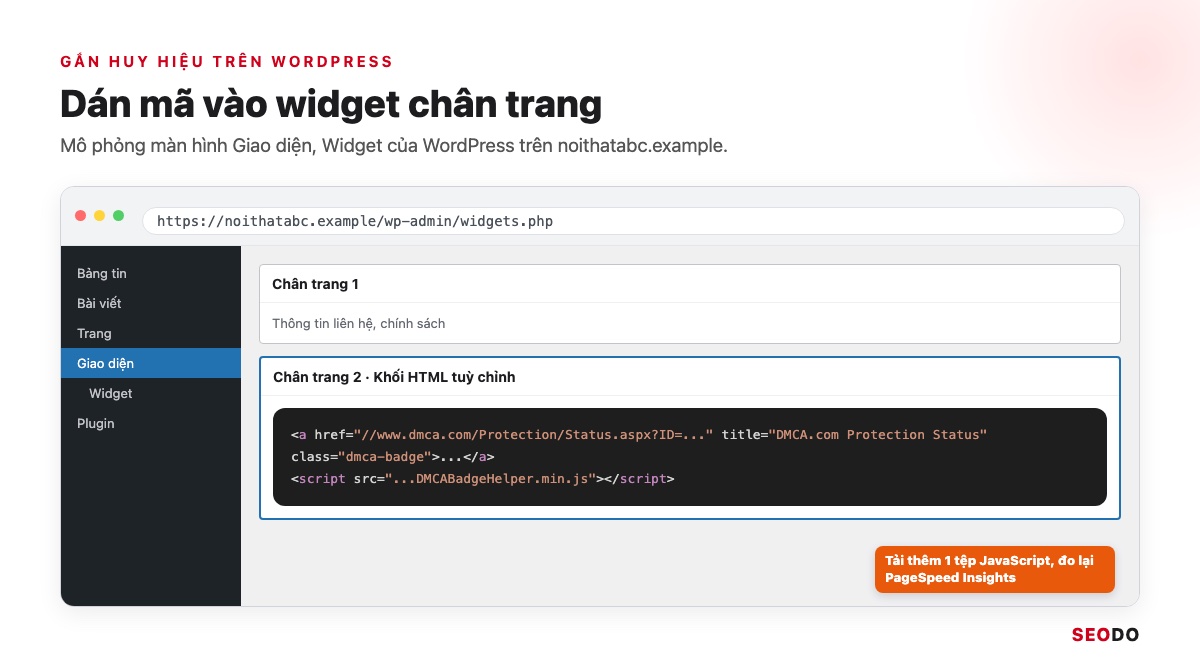 Mô phỏng màn hình Widget của WordPress, khối HTML tuỳ chỉnh ở chân trang chứa mã huy hiệu DMCA