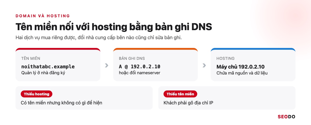 Domain Là Gì? Hiểu Tên Miền Từ Cấu Trúc Đến Cách Chọn Và Đăng Ký (Cập Nhật 2026) 50 Sơ đồ tên miền nối qua bản ghi DNS loại A tới máy chủ hosting, kèm hai trường hợp thiếu một trong hai