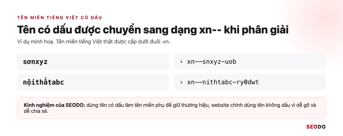 Domain Là Gì? Hiểu Tên Miền Từ Cấu Trúc Đến Cách Chọn Và Đăng Ký (Cập Nhật 2026) 47 Hai tên có dấu sơnxyz và nộithấtabc cùng dạng ASCII bắt đầu bằng xn-- tương ứng