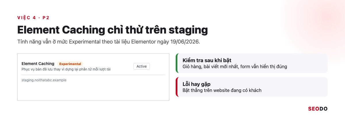 Elementor Là Gì? Hướng Dẫn Cài Đặt, Dùng Elementor Pro Và Tối Ưu Tốc Độ (Cập Nhật 2026) 93 Mô phỏng tab Features với Element Caching mang nhãn Experimental