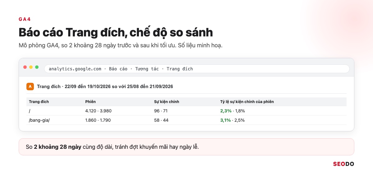 Elementor Là Gì? Hướng Dẫn Cài Đặt, Dùng Elementor Pro Và Tối Ưu Tốc Độ (Cập Nhật 2026) 109 Mô phỏng báo cáo Trang đích GA4 so sánh 2 khoảng 28 ngày
