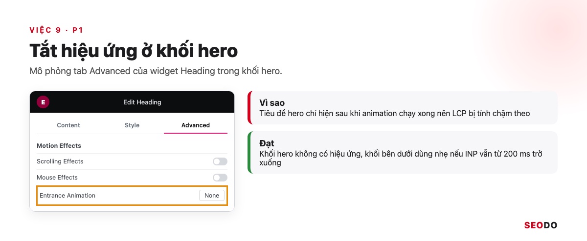 Elementor Là Gì? Hướng Dẫn Cài Đặt, Dùng Elementor Pro Và Tối Ưu Tốc Độ (Cập Nhật 2026) 98 Mô phỏng tab Advanced với Entrance Animation đặt None