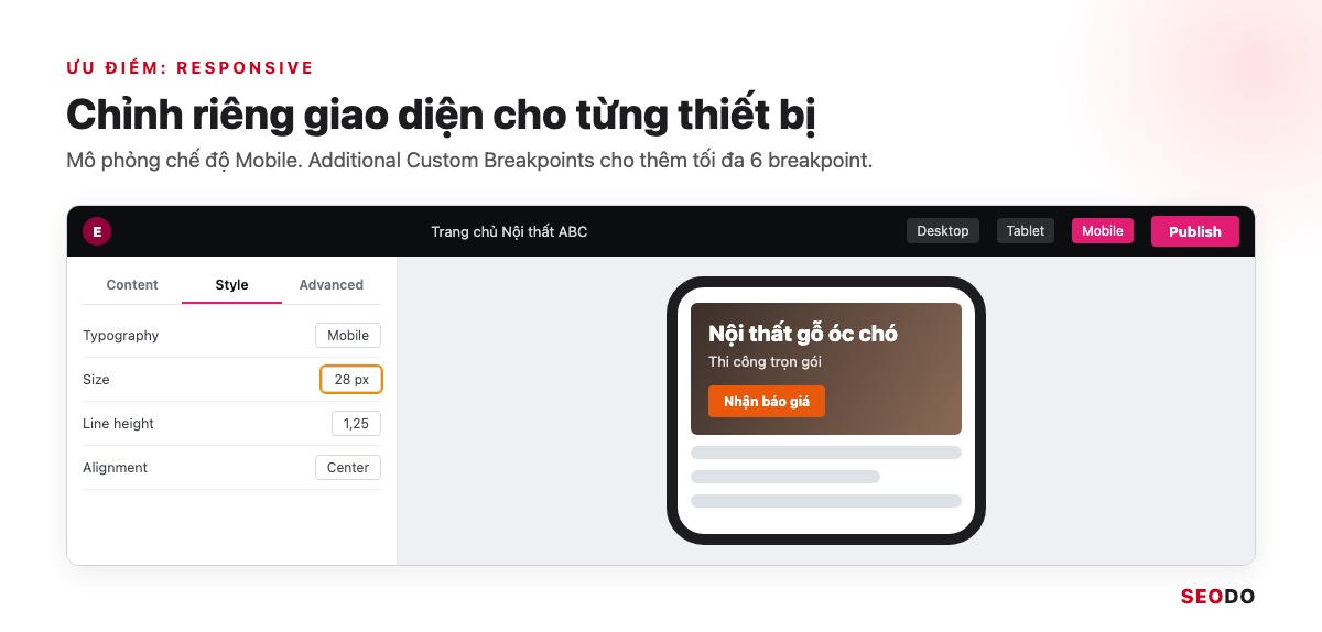 Elementor Là Gì? Hướng Dẫn Cài Đặt, Dùng Elementor Pro Và Tối Ưu Tốc Độ (Cập Nhật 2026) 67 Mô phỏng chế độ responsive của Elementor với biểu tượng Desktop, Tablet và Mobile